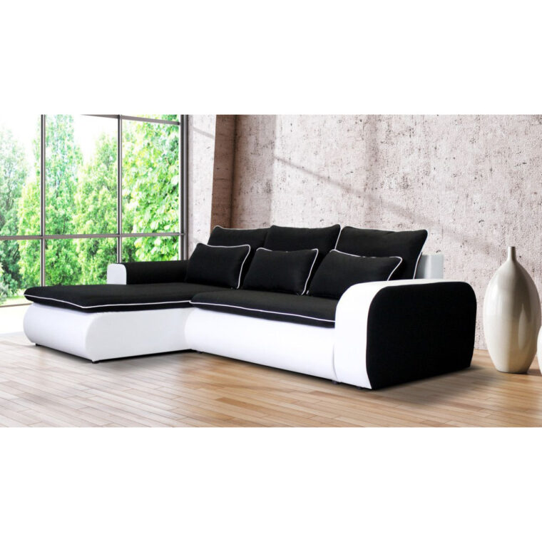 Canapé Blanc Convertible Salon – Canapé D’angle 3 Places Convertible En Tissu Noir