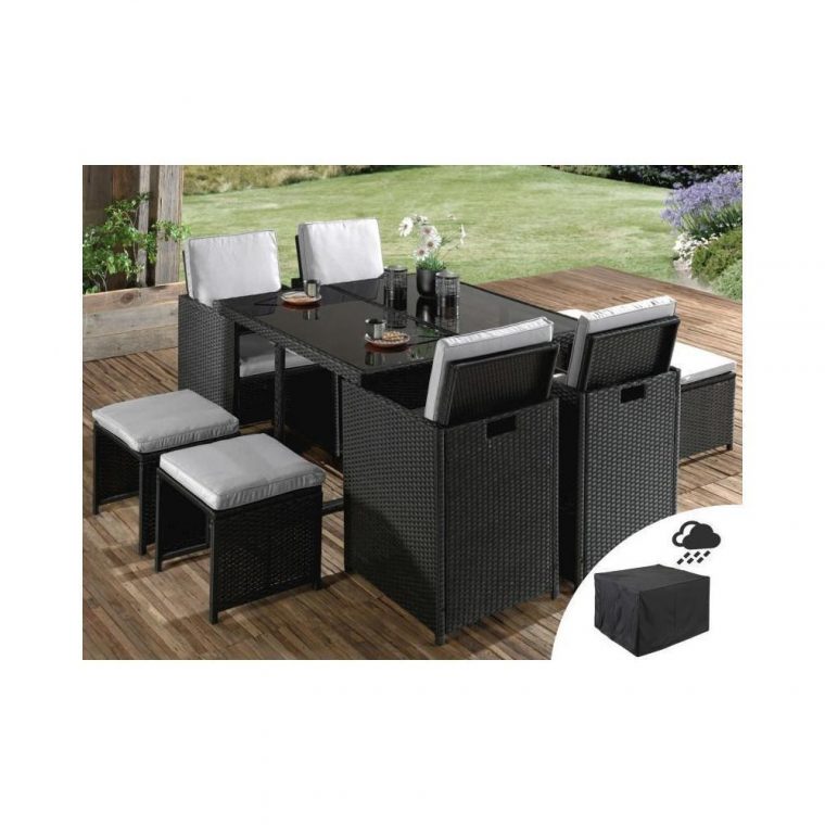 Sophia - Salon De Jardin Encastrable 8 Places - En Résine Tressée - Noir  Avec Coussins Beiges + Housse De Protection tout Table De Jardin En Resine Tressée