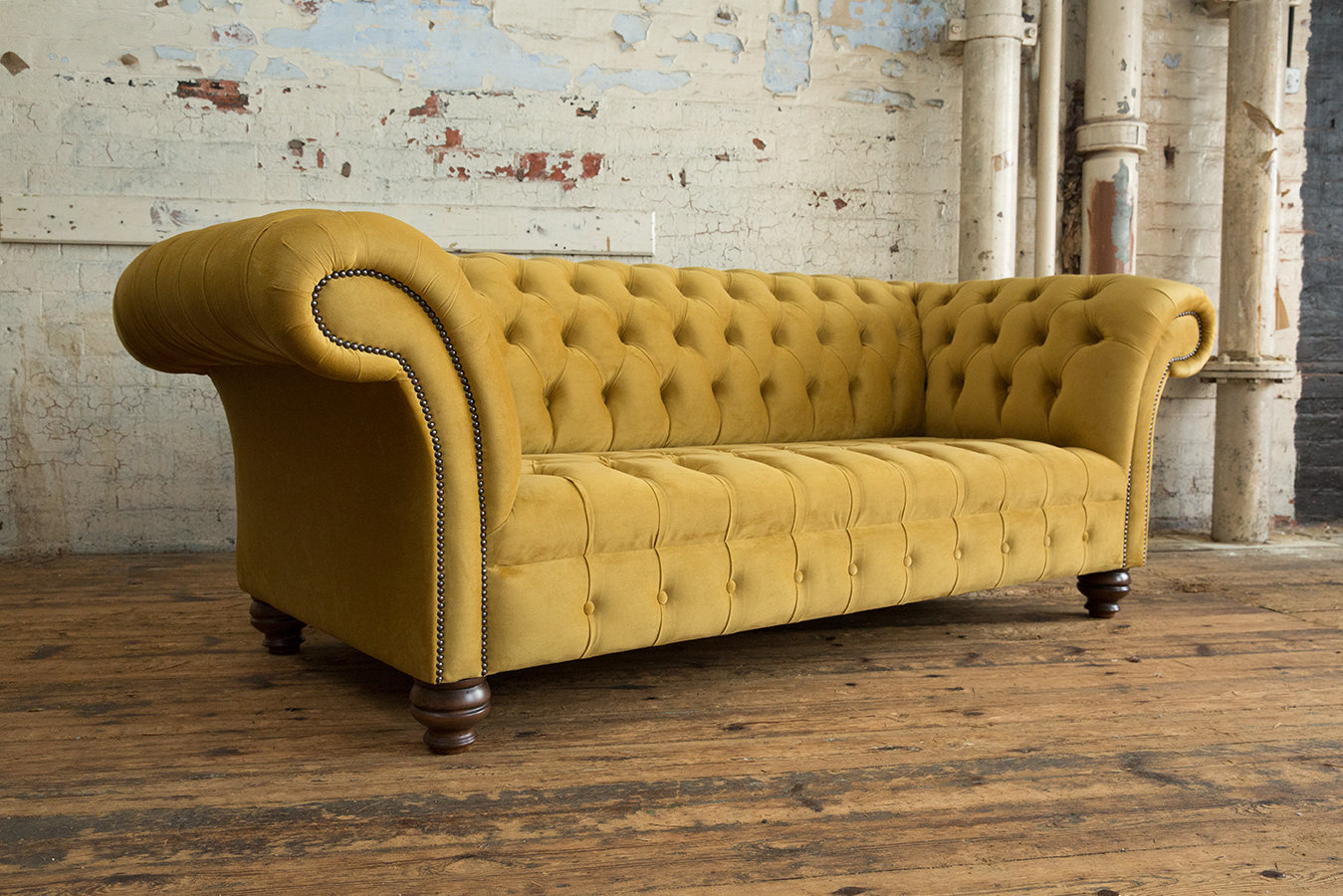 British Handmade Mustard Velvet 3 Seater Chesterfield Sofa dedans Canap Chesterfield En Cuir En Vente En Argent Canadien