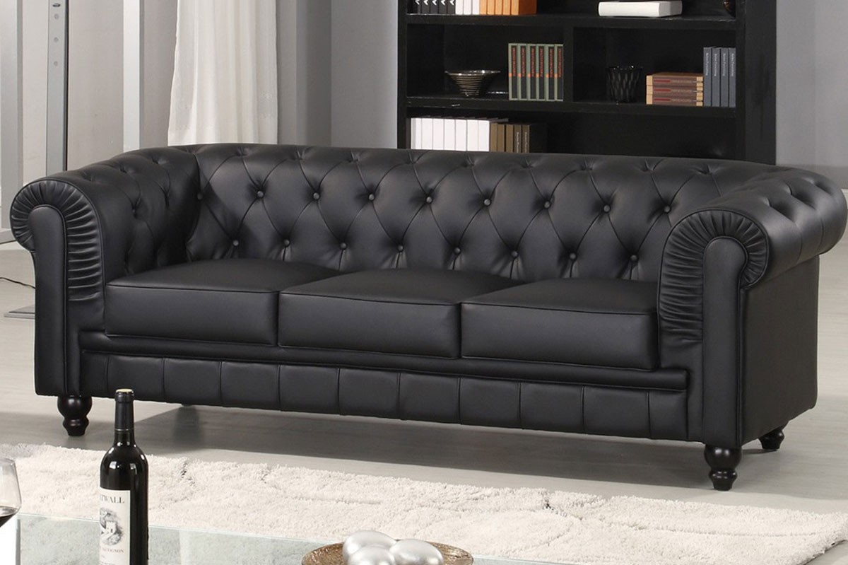 Canapé Chesterfield 3 Places Cuir Pu Noir tout Canape Chesterfield En Cuir