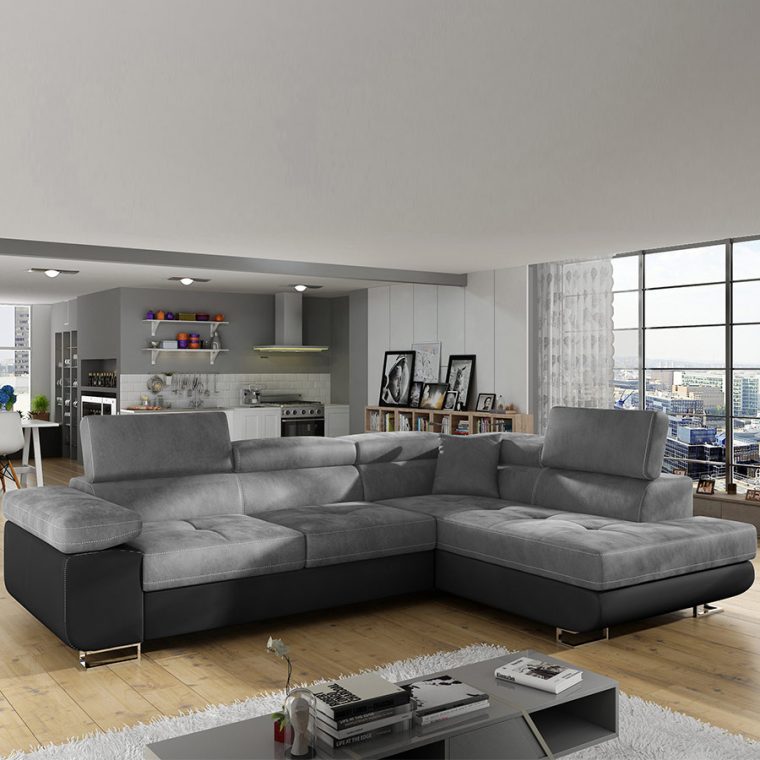 Canapé D Angle Convertible Gris Clair Et Noir À Droite Willis encequiconcerne Canapé D Angle Pas Cher Destockage