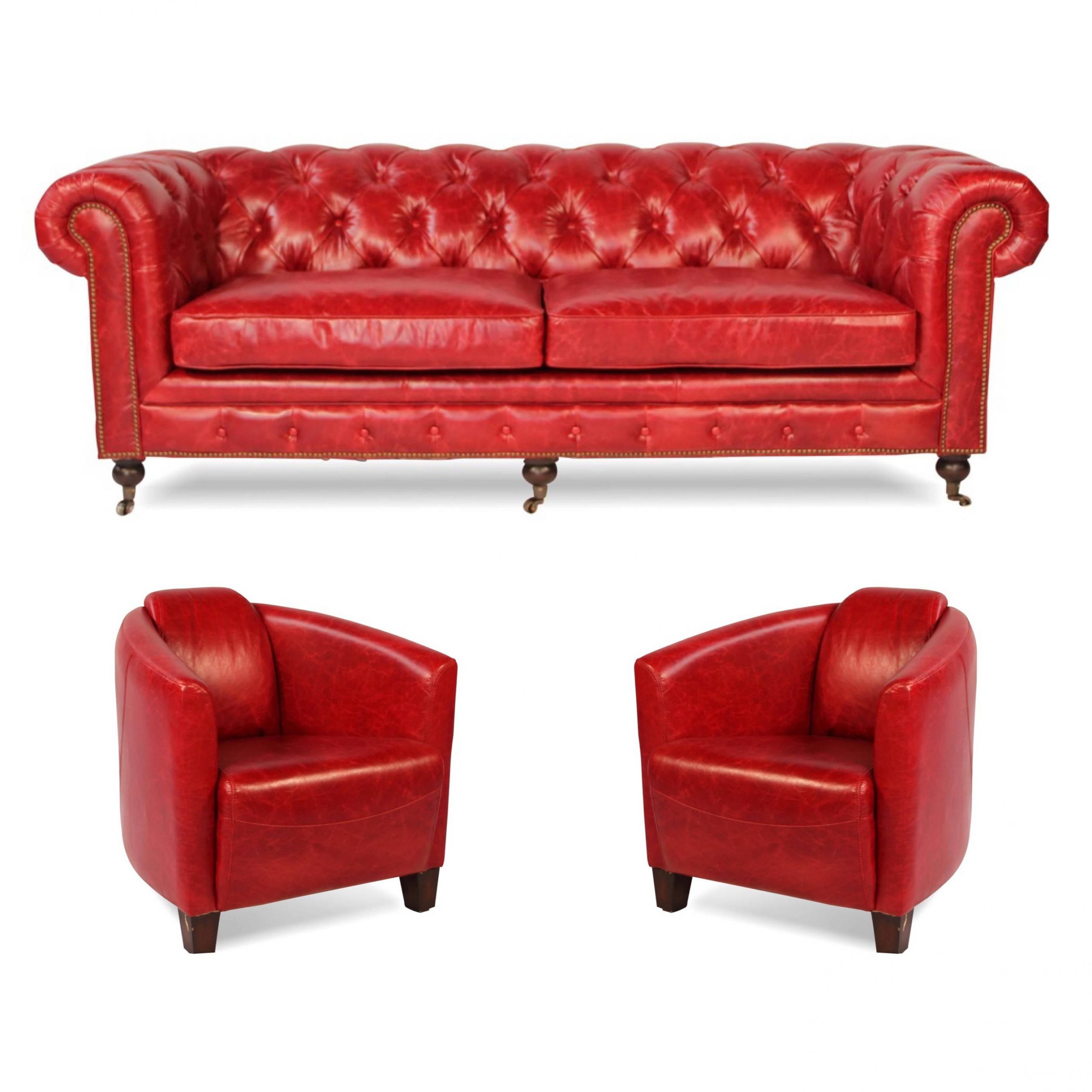 Ensemble Canapé Chesterfield Cuir Rouge Et Deux Fauteuils Club Rouge à Canape Chesterfield En Cuir