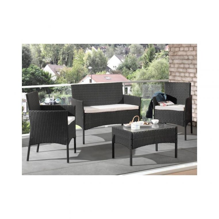 Marbella - Salon Bas De Jardin 4 Places - En Résine Tressée - Noir Avec  Coussins Beiges à Salon De Jardin Bas Gifi