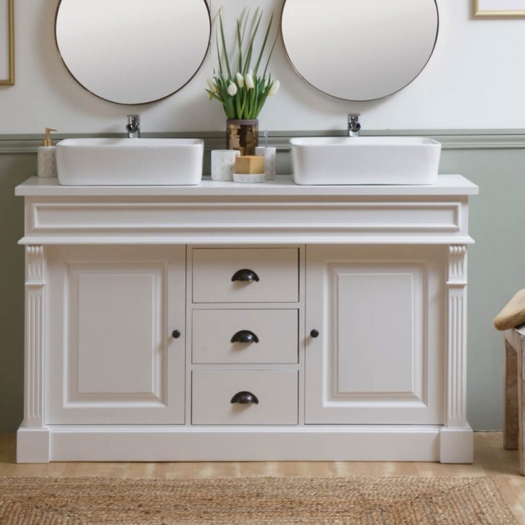 Meuble Salle De Bain Bois Massif Blanc 2 Vasques, 2 Portes ... serapportantà Meuble+Salle+De+Bain+Bois+Et+Blanc