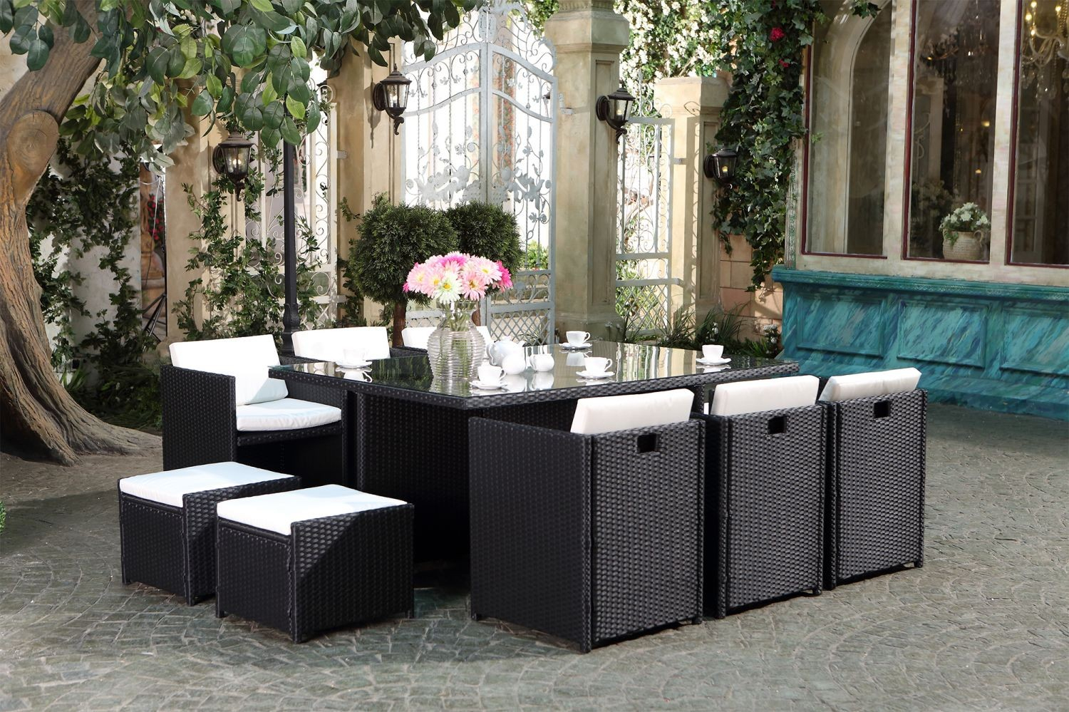 Miami 10 Noir/blanc dedans Table Et Fauteuil De Jardin En Rsine Tresse