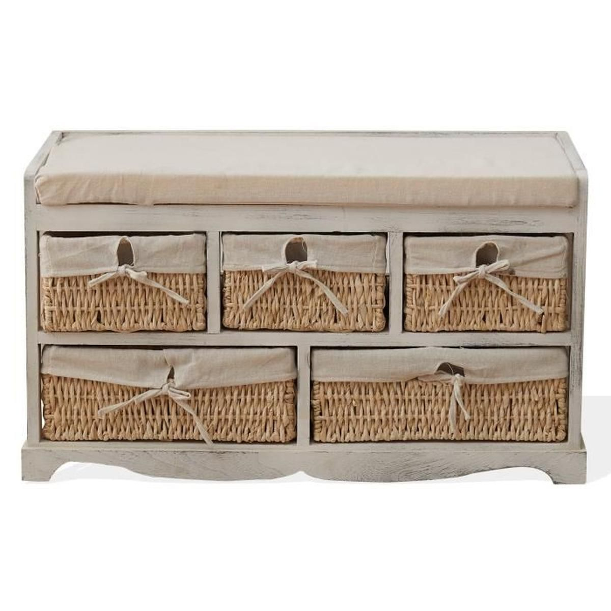 Mobili Rebecca Banc Meuble 5 Tiroirs Bois Osier Blanc Shabby 44X76X34 dedans Meuble Osier