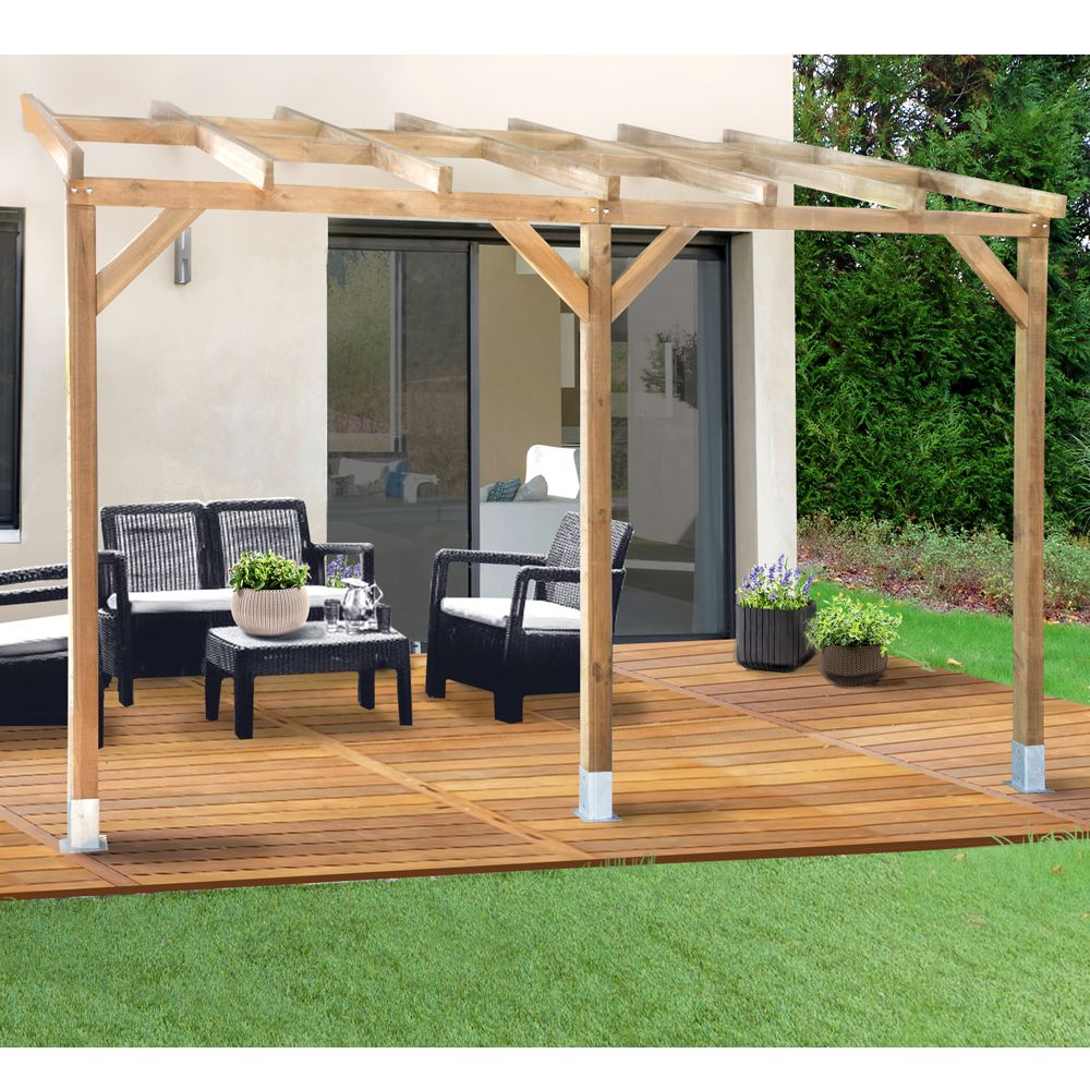 Pergola Adossée Bois Traité 3X3,7 M avec Pergola Adossée Ajustable