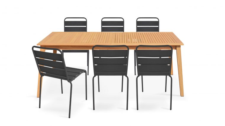 Table De Jardin En Bois Extensible Et 6 Chaises En Métal ... destiné Table De Jardin En Bois Avec Chaises