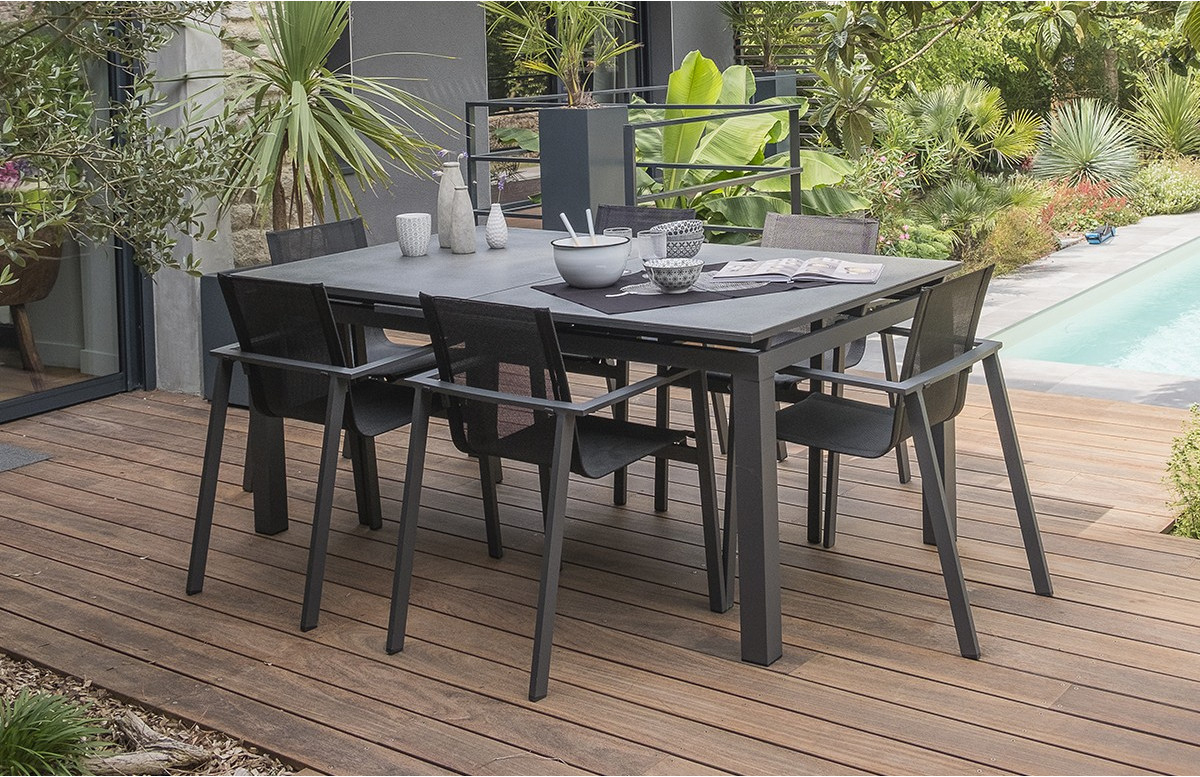 Ensemble Table Et Chaises De Jardin Avec Rallonge &amp; Plateau Verre 6  Personnes Dcb Garden Gris avec Salon De Jardin En Granit