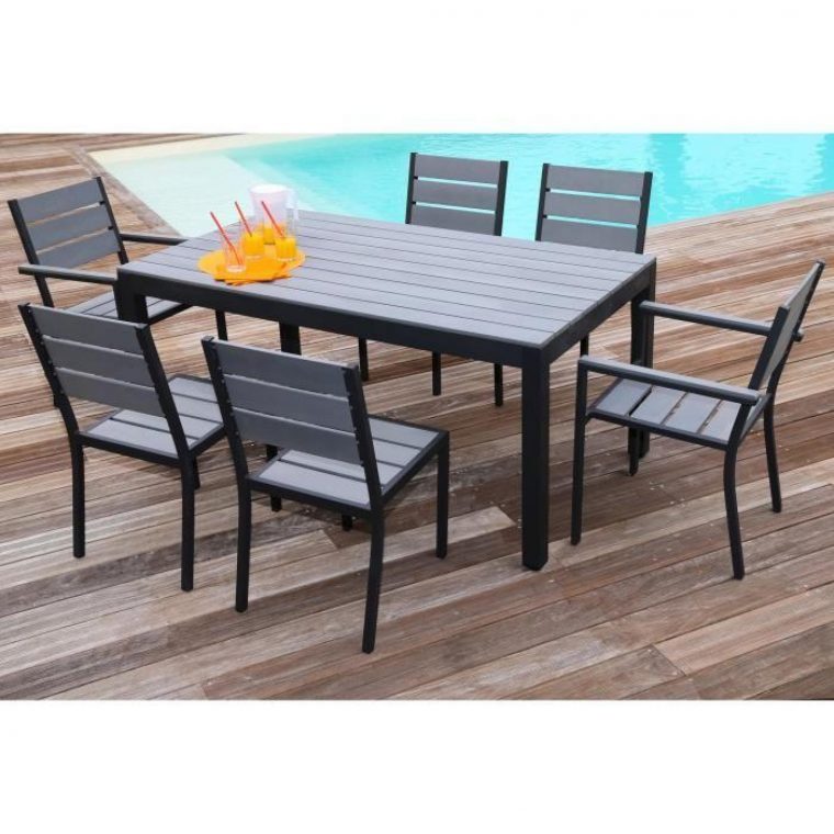 Floride Ensemble Table De Jardin 160 Cm + 2 Fauteuils + 4 Chaises Aluminium  Et Polywood Gris à Table Et Chaise De Jardin En Solde