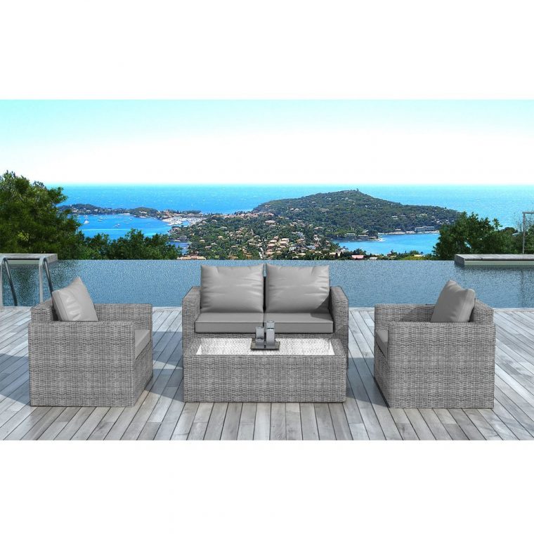 Salon De Jardin 4 Places En Résine Tréssée Grise Et Coussins Gris intérieur Salon De Jardin Resine Gris