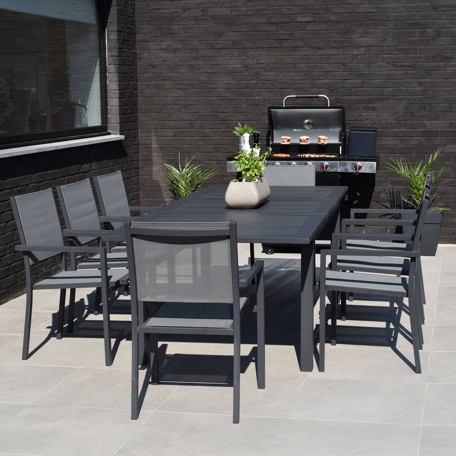 Salon De Jardin Capri Extensible En Textilène Gris 8 Places - Aluminium  Anthracite dedans Table De Jardin Grise