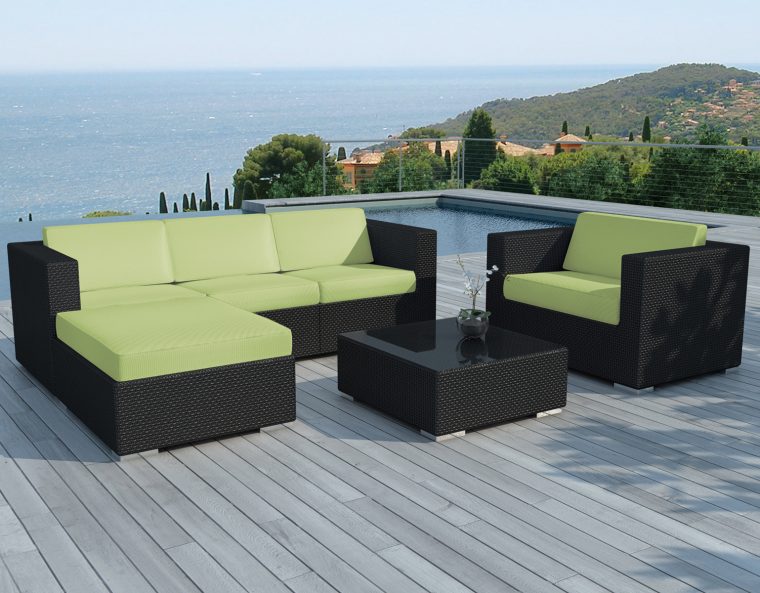 Salon De Jardin Copacabana 6 Pièces En Résine Noire Et Coussins Tissu Blanc  Écru + Un Jeu De Housse Tissu Vert serapportantà Tissu Pour Salon De Jardin