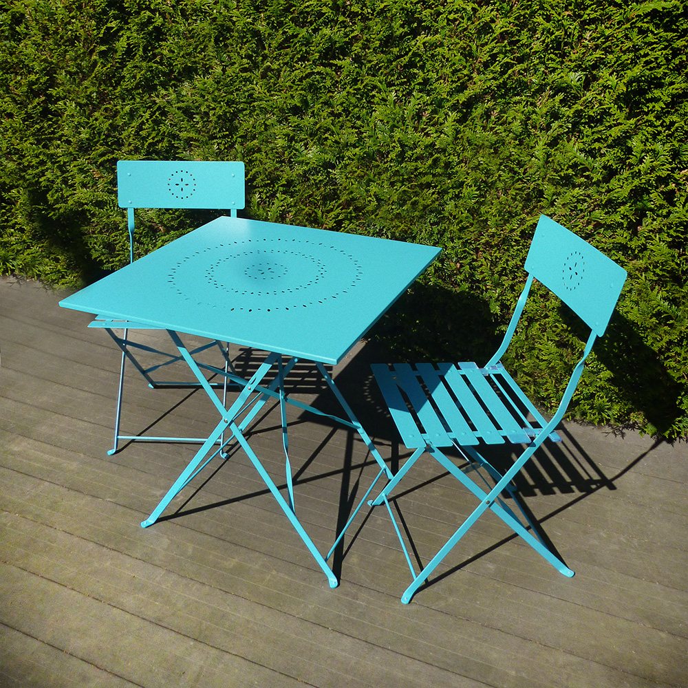 Salon De Jardin Crepuscule 1 Table Carrée Et Deux Chaises En Acier Coloris  Bleu tout Chaise De Jardin Bleu