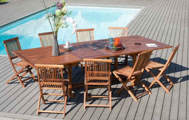 Salon De Jardin En Teck Massif Huilé Table Extensible 200/300X120X75Cm + 8  Chaises Macao encequiconcerne Salon De Jardin Teck Massif