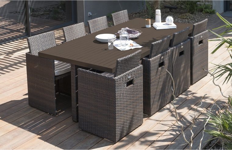 Salon De Jardin Encastrable 8 Places Dcb Garden En Résine Tressée &amp;  Aluminium Chocolat destiné Salon De Jardin Encastrable 8 Places