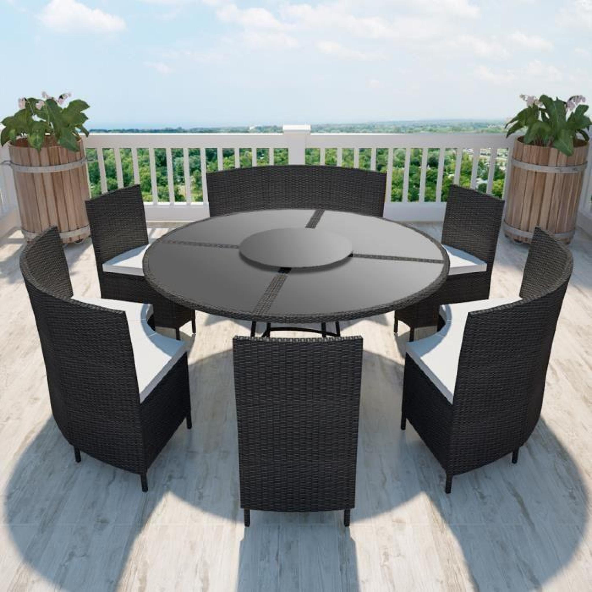 Salon De Jardin Noir En Polyrotin Table Ronde Et Chaises 12 Pers. pour Salon De Jardin Rond Pas Cher