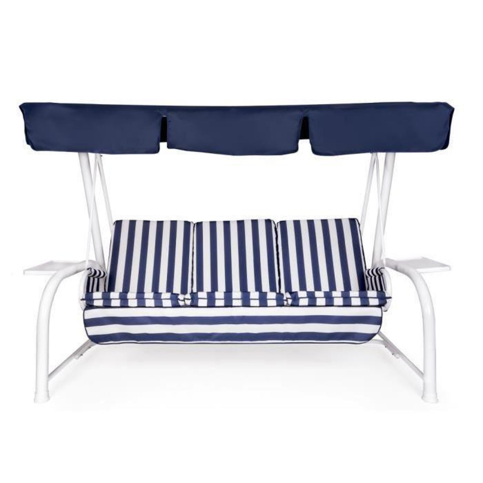 Set Coussins + Toit De Remplacement Pour Balancelle 4 Places Blanc Rayé  Bleu Toit Bleu à Coussins Balancelle Jardin