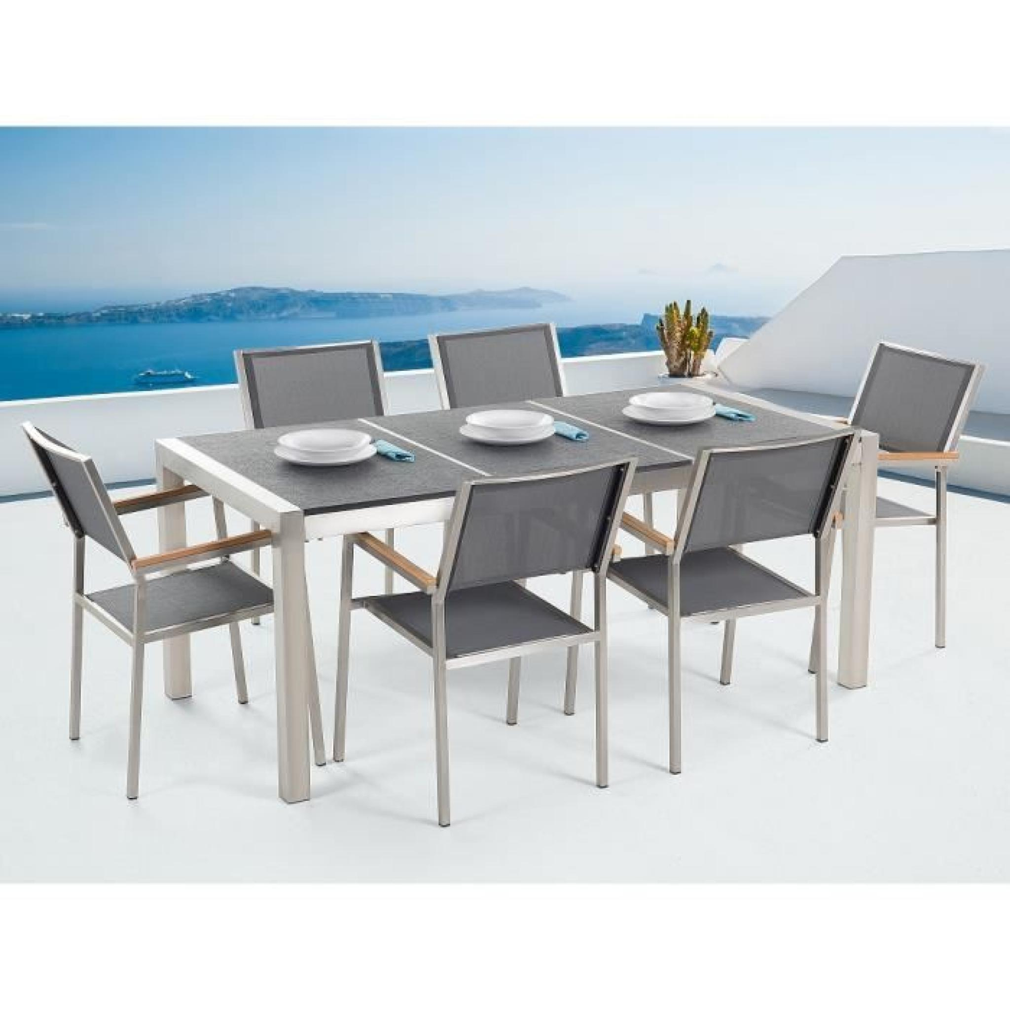 Table De Jardin Acier Inox - Plateau Granit Triple Bois 220 Cm Avec 8  Chaises En Textile Beige - Grosseto serapportantà Salon De Jardin En Granit