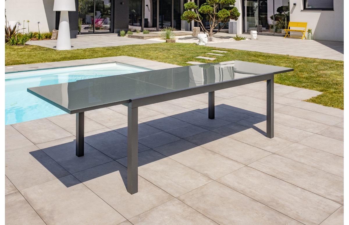 Table Salon De Jardin Extensible En Alu/verre Pour 12 Personnes Dcb Garden  Tolede Gris Anthracite à Salon De Jardin Aluminium Et Composite