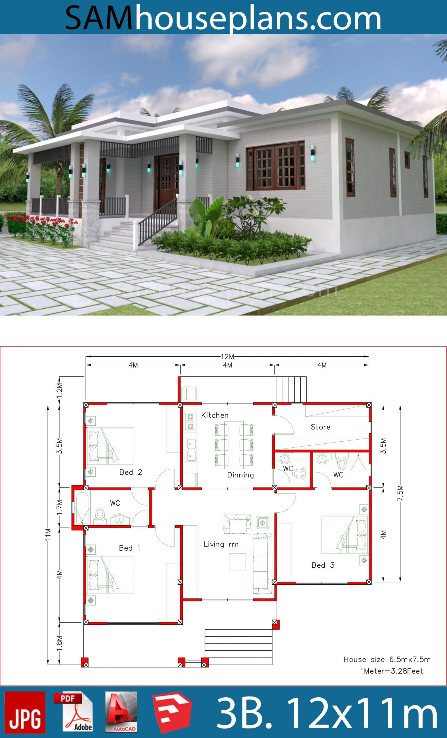 House Plans 12X11M With 3 Bedrooms - Sam House Plans | House ... encequiconcerne Plan Construction Veranda Gratuit