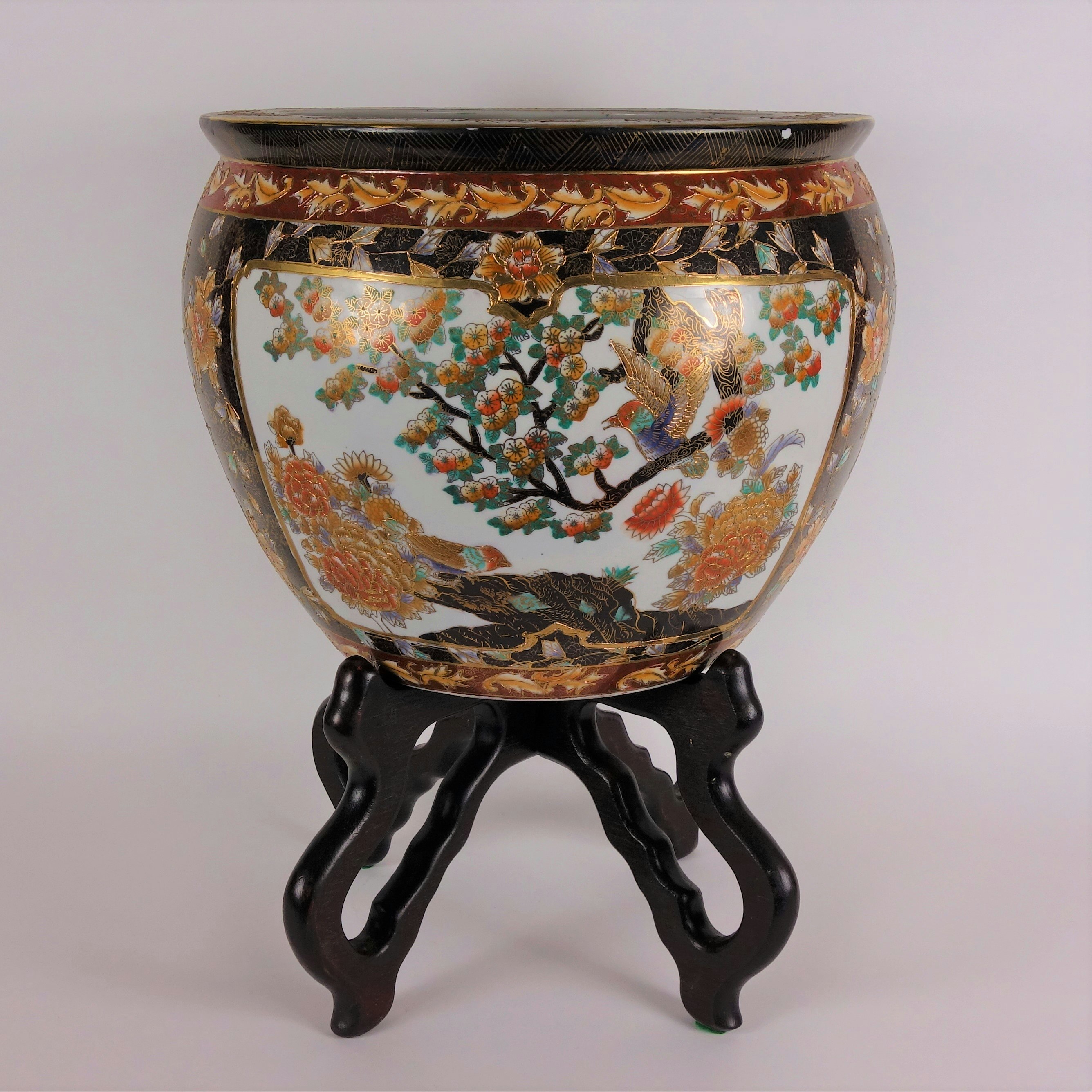 Vintage Asian Enameled Flower Pot on Stand | EBTH