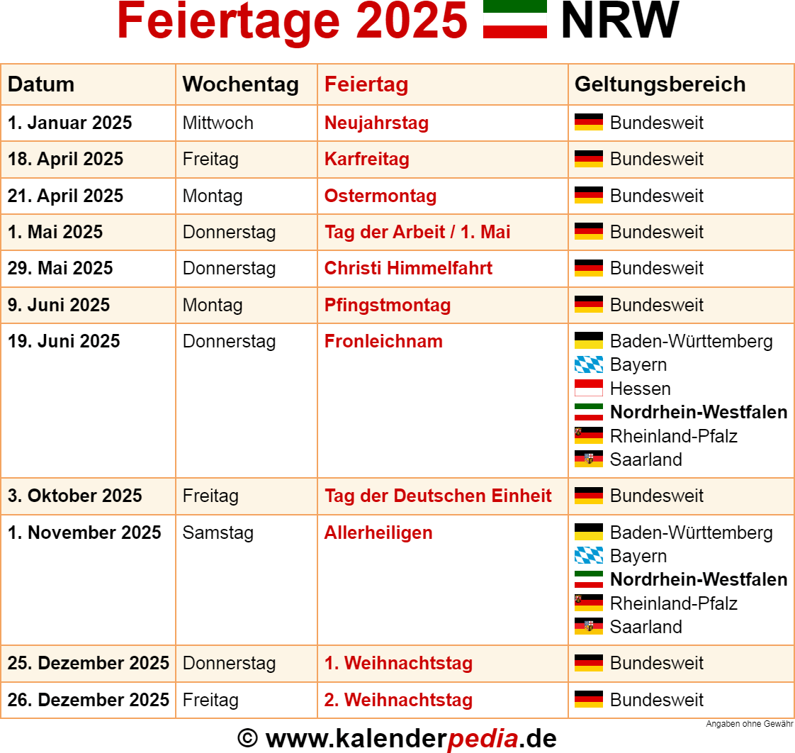 nrw feiertage kalender 2025